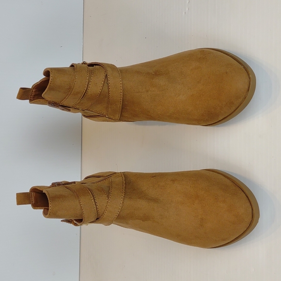 Sun + Stone Saandis Tan Slender Buckle Straps Block Heel Inner Ankle Zip Booties - Picture 3 of 15